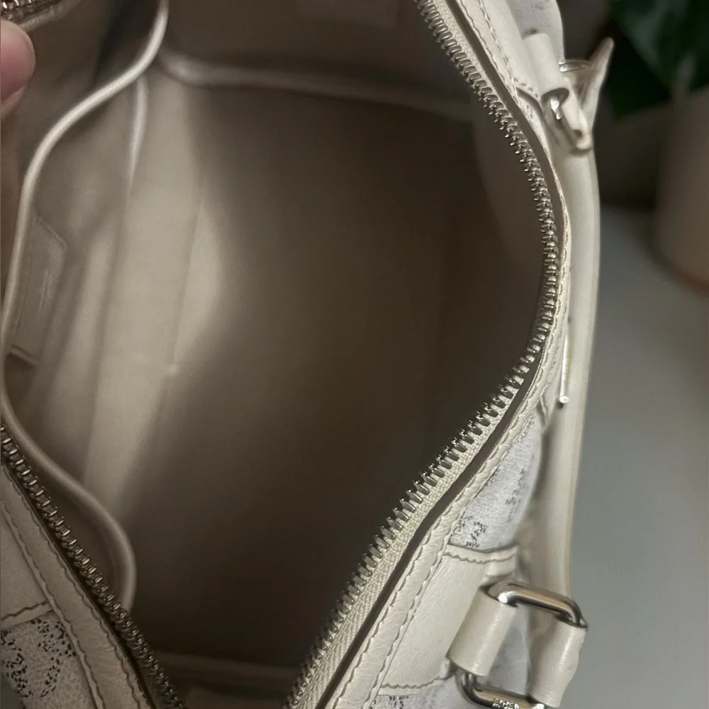 MCM Cream Logo Satchel with Gold Plaque and Charm